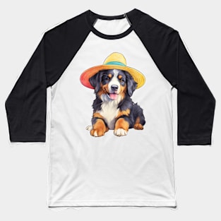 Watercolor Bernese Mountain Dog in Straw Hat Baseball T-Shirt